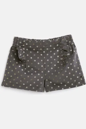 Cherry Crumble Girls Charcoal Grey & Golden Cotton Polka Dots Printed Regular Fit Shorts