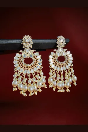 ATIBELLE Gold-Plated Stones Studded & Pearls Beaded Contemporary Drop Earrings
