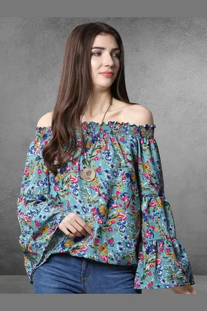 OOMPH Floral Print Off-Shoulder Flared Sleeve Smocked Crepe Top