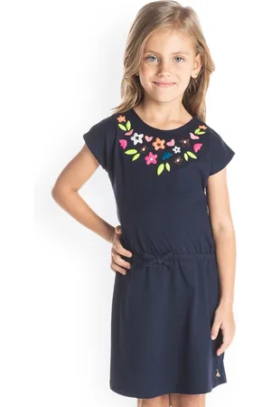 Cherry Crumble Girls Navy Blue Floral Embroidered A-Line Dress