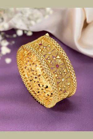Peora Gold-Plated Thick Single Piece Synthetic Stone-Studded Openable Kada Bangle