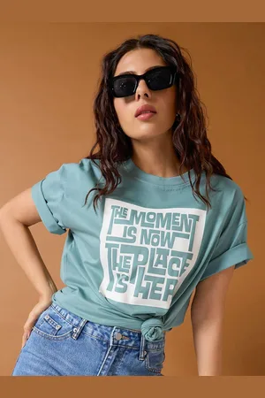 Mast & Harbour Women Typography Printed Round Neck Cotton Oversized T-shirt