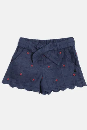 Cherry Crumble Girls Navy Blue Self-Checked Regular Fit Cotton Shorts with Belt