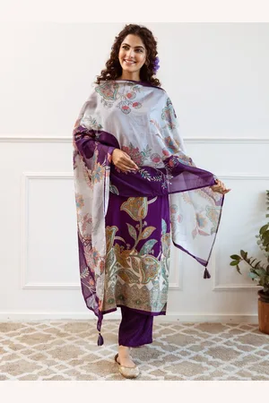 AUTUMN LANE Floral Printed Round Neck Straight Kurta With Trouser And Dupatta