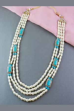 I Jewels Men Gold-Toned & Turquoise Blue 4 Layered Pearl Necklace