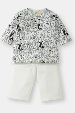 THE BABY LABEL Kids Black & White Hand-Block Rock Star Hand Print Kurta Pajama Set