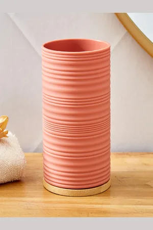 Home Centre Peach Waste Bin With Bamboo Base