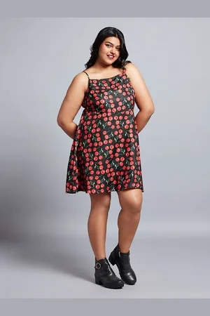 Globus Gloplus Cherry Print Square Neck Strappy Sleeves A-Line Mini Plus Size Dress