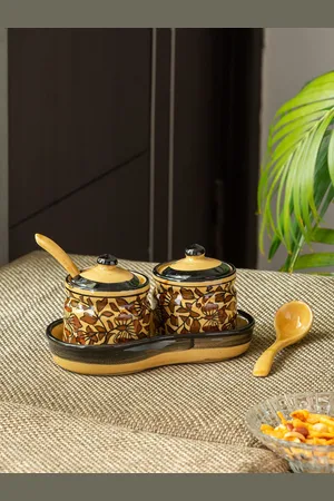 ExclusiveLane Set Of 2 Mughal Floral Ceramic Chutney Pickle Jar Set