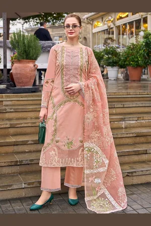 AUTUMN LANE Floral Embroidered Round Neck Straight Kurta With Trousers And Dupatta