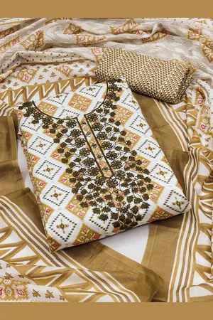 Ishin Geometric Printed Thread Work Pure Cotton Unstitched Dress Material