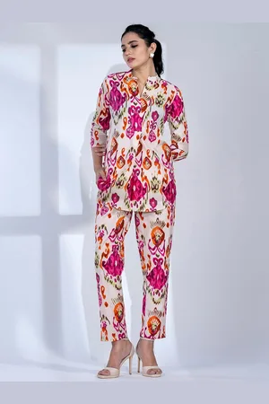 AUTUMN LANE Geometric Printed Mandarin Collar Pure Cotton Top With Trousers