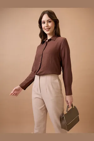 Globus Women Brown Collared Neck Cuffed Sleeves Shirt Style Workwear Top