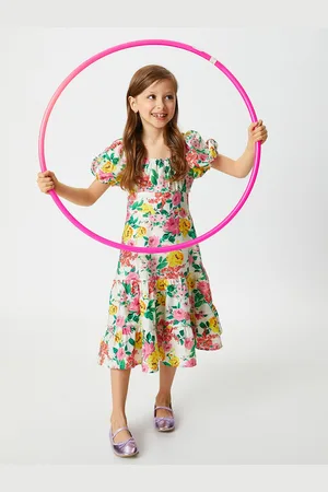 Koton Girls Floral Printed Puff Sleeve Tiered Midi A-Line Dress