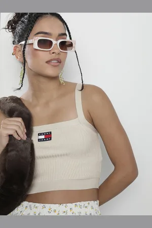 Tommy Hilfiger Women Beige Ribbed Fitted Crop Top