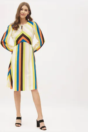 Harpa Women Multicoloured Striped Keyhole Neck Crepe A-Line Dress