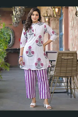 AUTUMN LANE Sahila Floral Printed Mandarin Collar Pure Cotton Straight Tunic With Palazzos
