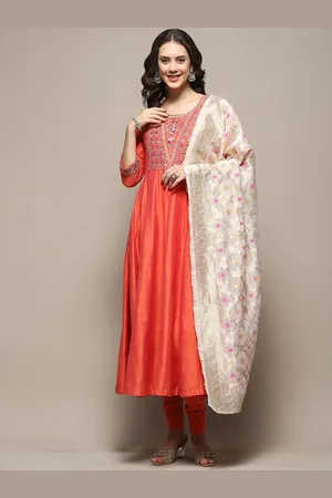 Biba Floral Yoke Design Thread Work Kurta with Churidar & Dupatta
