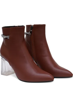 SHUZ TOUCH Women Brown & Transparent Embellished Block Heel Boots
