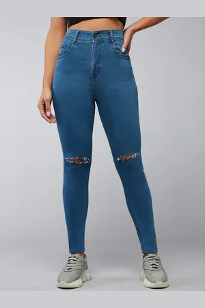 DOLCE CRUDO Women Blaze Vibe Blue Skinny Fit High-Rise Slash Knee Stretchable Jeans