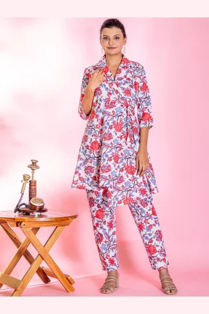 Moda Rapido Floral Printed Lapel Collar Cotton Tunic & Trouser