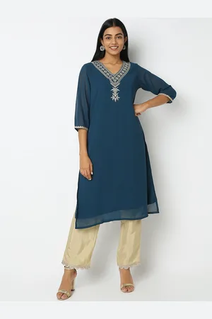 Ethnicity Floral Embroidered V-Neck Three-Quarter Sleeve Sequins Straight Kurta