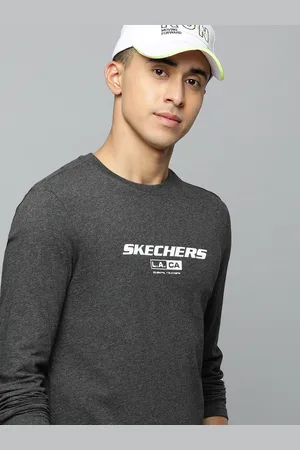 Skechers Men Charcoal Brand Logo Printed Pure Cotton T-shirt