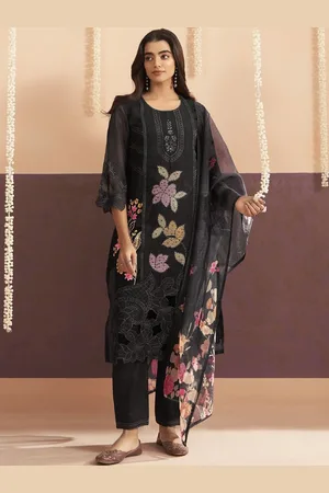 AUTUMN LANE LISBA Onyx Floral Embroidered Straight Kurta With Trousers & Dupatta