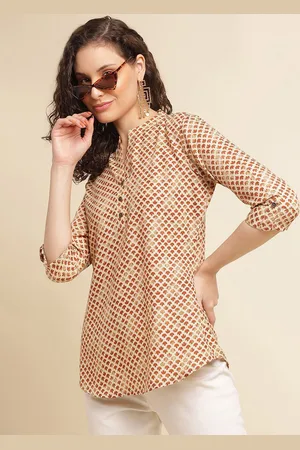 DressBerry Women Printed Mandarin Collar Roll-Up Sleeves Top