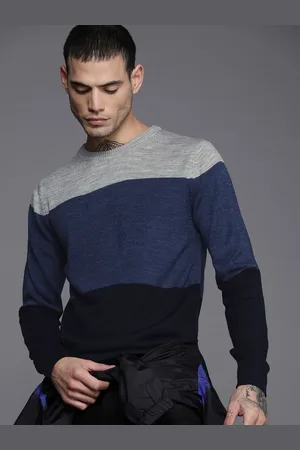 WROGN Men Grey Melange & Navy Blue Colourblocked Pullover Sweater