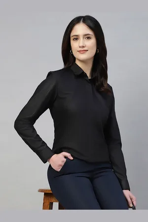 English Navy Women Smart Boxy Fit Spread Collar Solid Cotton Formal Shirt
