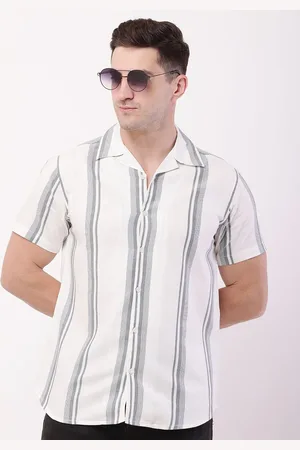 HERE&NOW Men Comfort Fit Cuban Collar Vertical Striped Cotton Casual Shirt