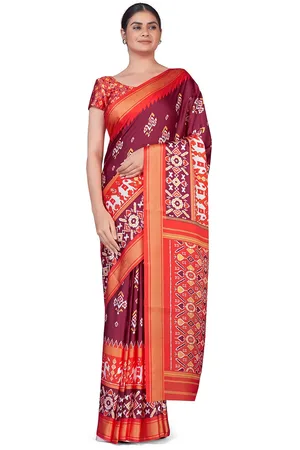 MONJOLIKA FASHION Maroon & Orange Ethnic Motifs Zari Silk Blend Banarasi Saree