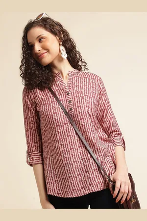 DressBerry Women Printed Mandarin Collar Roll-Up Sleeves Top