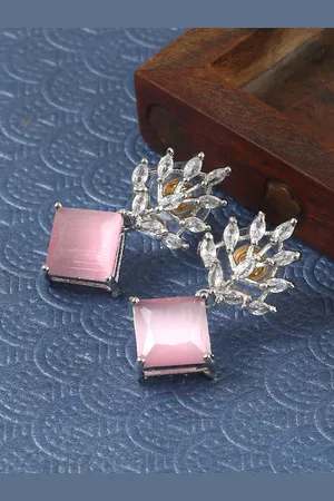 Jewar Mandi Silver Plated Leaf Shaped Cubic Zirconia Drop Earrings