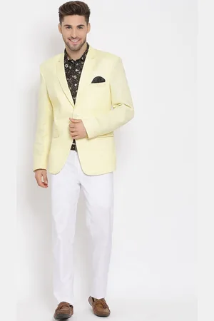 Hangup Men Yellow & White Linen Solid Single-Breasted Three-Piece Suit