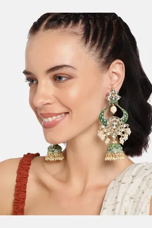 I Jewels Gold-Plated & Green Kundan Studded Drop Earrings