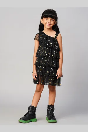 LIL DRAMA Girls Embelished One Shoulder Layered A-Line Dress