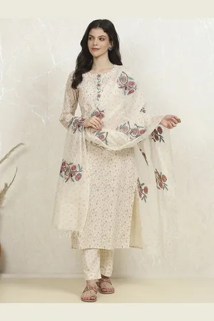 Biba Floral Printed Thread Work Pure Cotton Unstitched Dress Material
