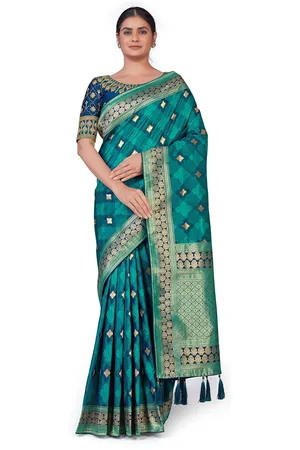 MONJOLIKA FASHION Blue & Gold-Toned Woven Design Zari Silk Blend Banarasi Saree
