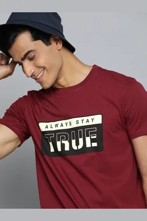 HERE&NOW HERENOW Men Maroon Black Typography Print Round Neck Pure Cotton T-shirt