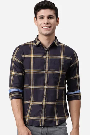 JADE BLUE Men Navy Blue & Yellow Slim Fit Opaque Checked Pure Cotton Casual Shirt