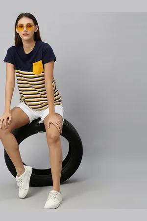 Roadster The Lifestyle Co Women Navy Blue Yellow Striped Round Neck Pure Cotton T-shirt