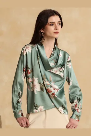 Kazo Nicole Women Floral Printed Cowl Neck Draped Satin Blouson Top