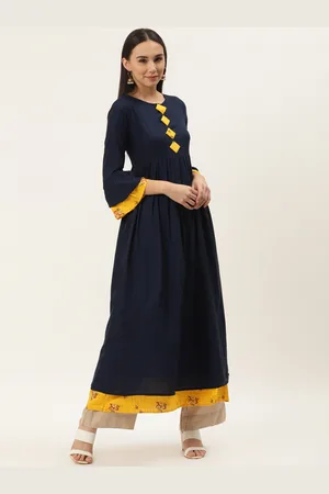 Cottinfab Women Navy Blue Solid Layered Anarkali Kurta