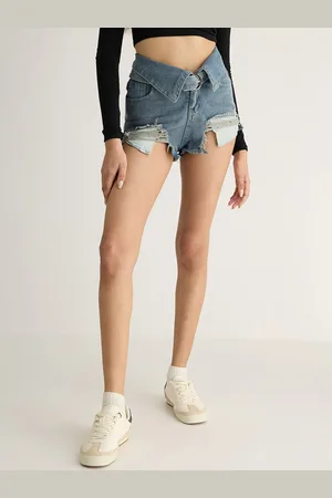 FREAKINS Women High-Rise Distressed Denim Shorts