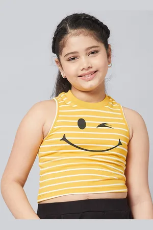 Stylo Bug Girls Yellow Striped Printed Pure Cotton Crop Top