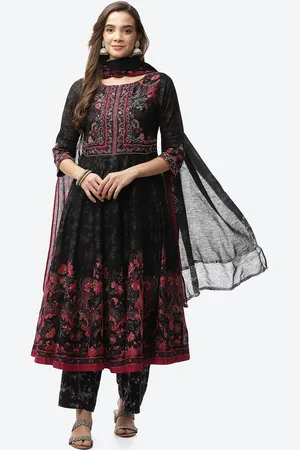 Biba Women Black Floral Printed Kurta with Trousers & With Dupatta