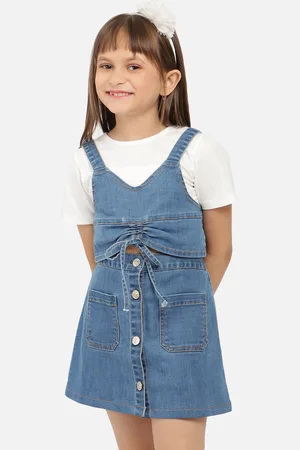 Nauti Nati Girls V-Neck Pure Cotton Denim Top with Skirt