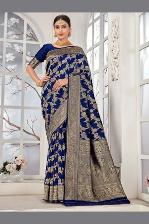 MONJOLIKA FASHION Navy Blue & Gold-Toned Woven Design Zari Silk Blend Banarasi Saree